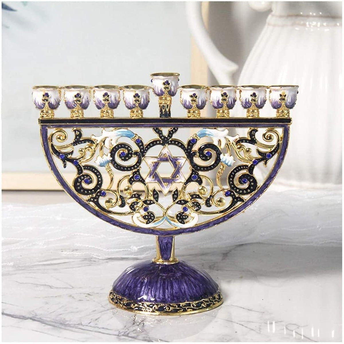 Designer Low-Profile Hanukkah Menorah, Gold & Blue Enamel Scroll, 24 cm Wide
