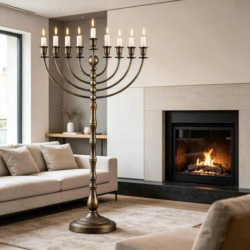 Grand Floor Menorah for Hanukkah, Antique Bronze Iron, 81 cm Tall