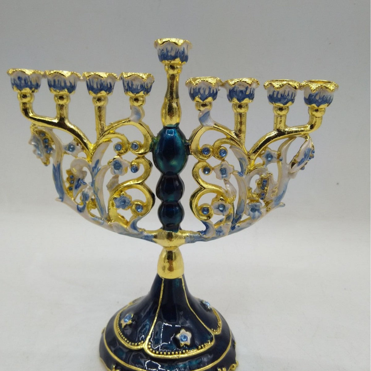 Designer Blue & Gold Hanukkah Menorah, Swirl Crown Design, 16 cm Tall
