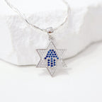 Star of David Necklace with Blue Pavé Hamsa in 925 Sterling Silver, 18 Inch Chain