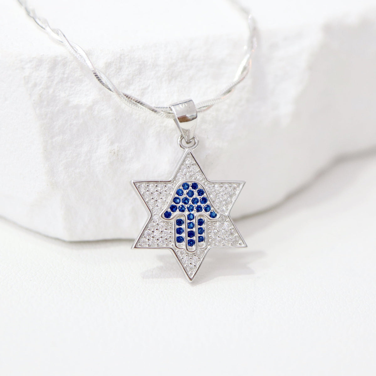 Star of David Necklace with Blue Pavé Hamsa in 925 Sterling Silver, 18 Inch Chain