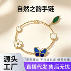 Butterfly & Flower Station Necklace in 925 Sterling Silver, Mother-of-Pearl Enamel