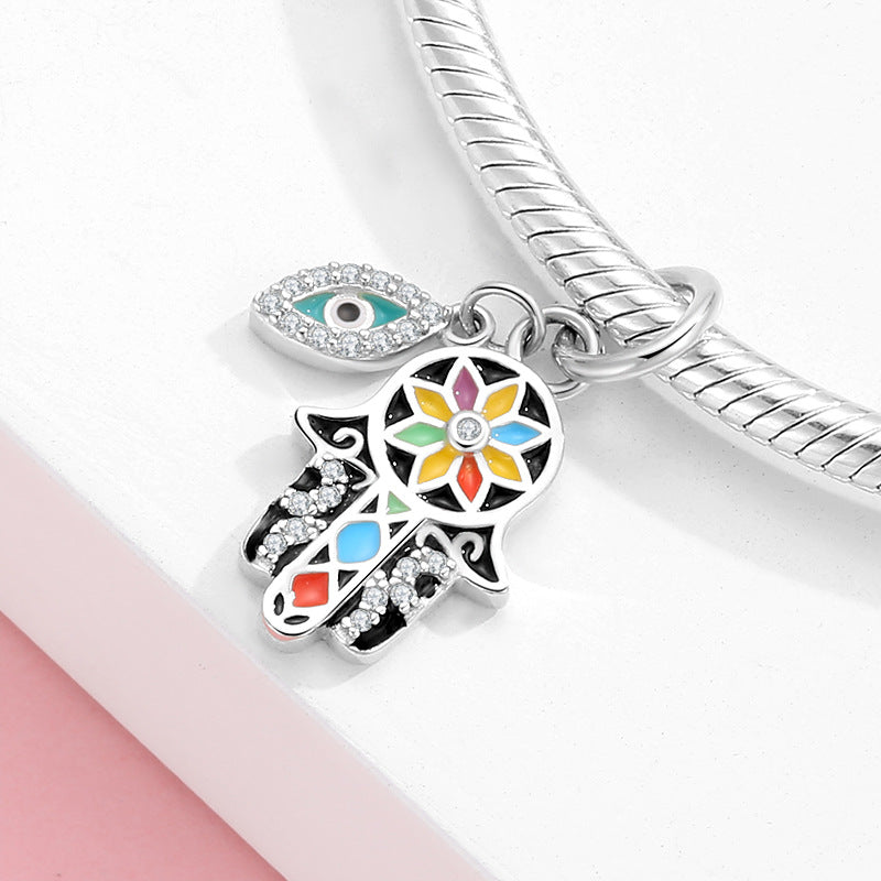Hamsa Charm Necklace in 925 Sterling Silver, Colorful Enamel & Evil Eye