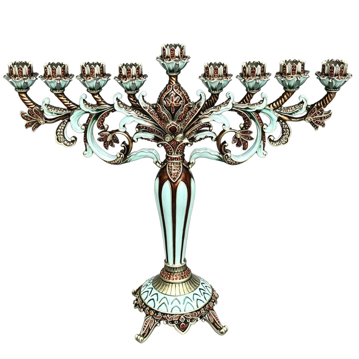 Grand Designer Hanukkah Menorah, Antique Copper & Mint Enamel, 36.5 cm Tall