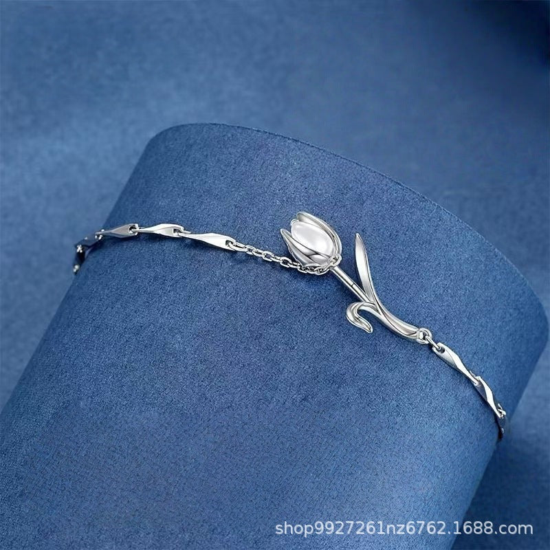 Tulip Bracelet in 925 Sterling Silver, Dainty Chain