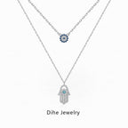 Evil Eye and Hamsa Double Necklace in 925 Sterling Silver, Blue Eye