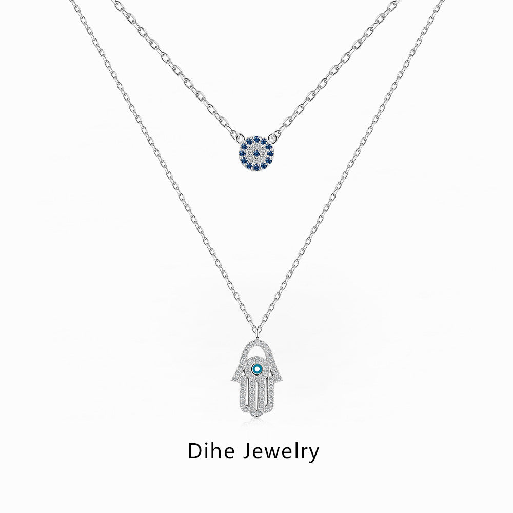 Evil Eye and Hamsa Double Necklace in 925 Sterling Silver, Blue Eye