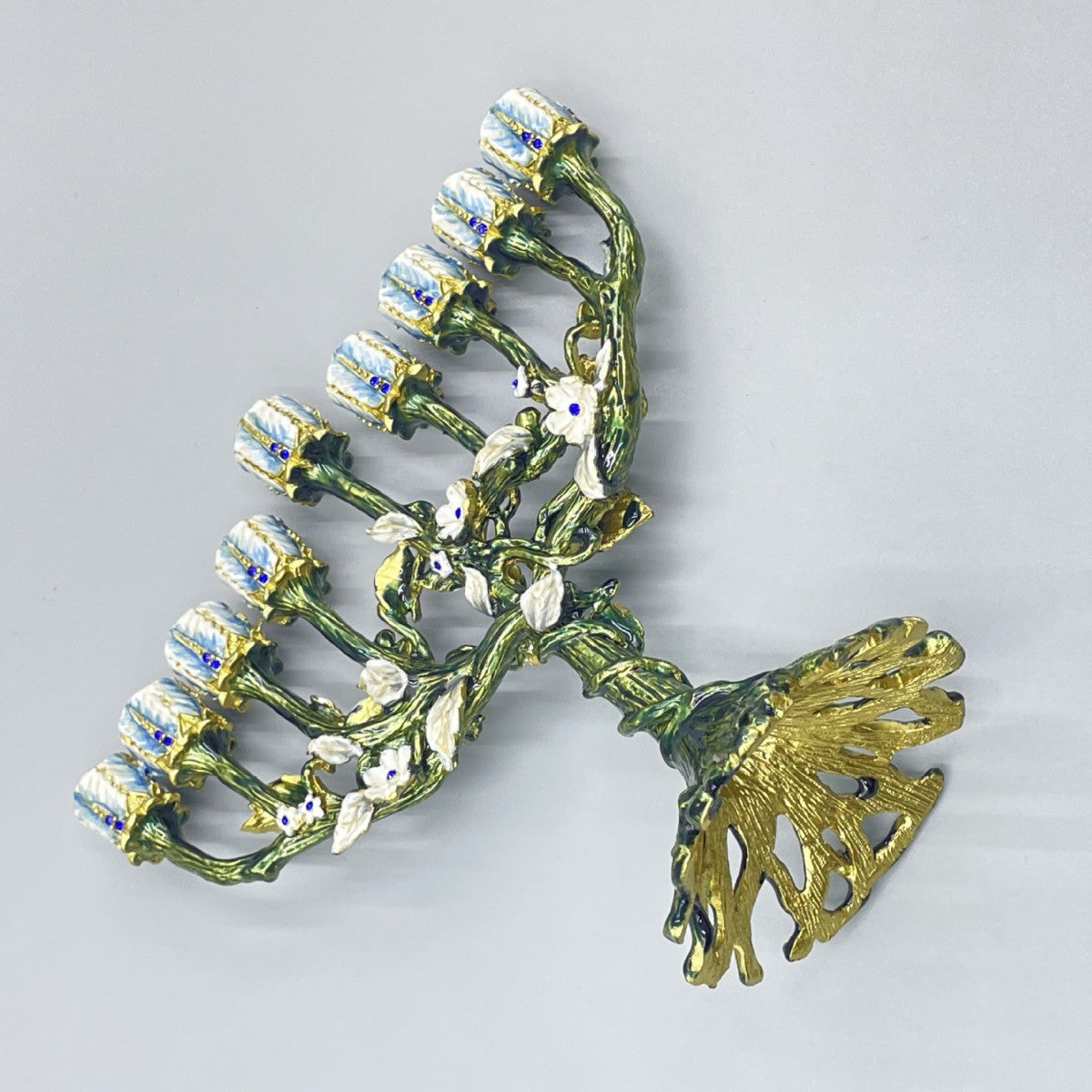 Designer Flowering Tree Hanukkah Menorah, Green Enamel with White Blossoms, 19 cm Tall