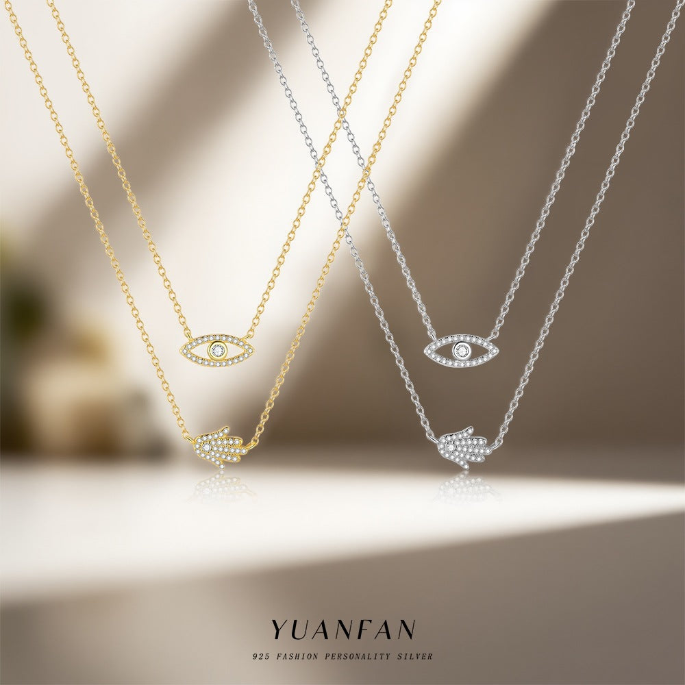Evil Eye and Hamsa Layered Necklace in 925 Sterling Silver