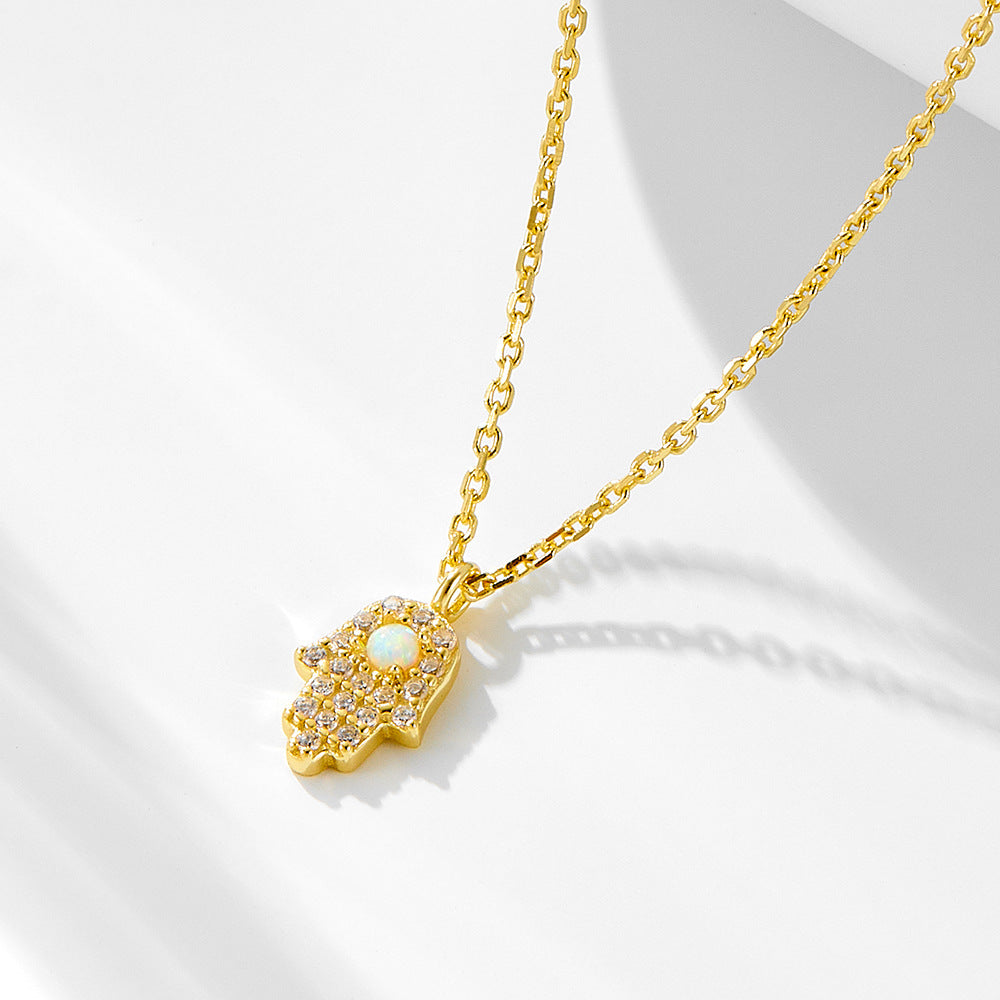 Hamsa Necklace with Opal in 925 Sterling Silver, Mini Pavé Hand
