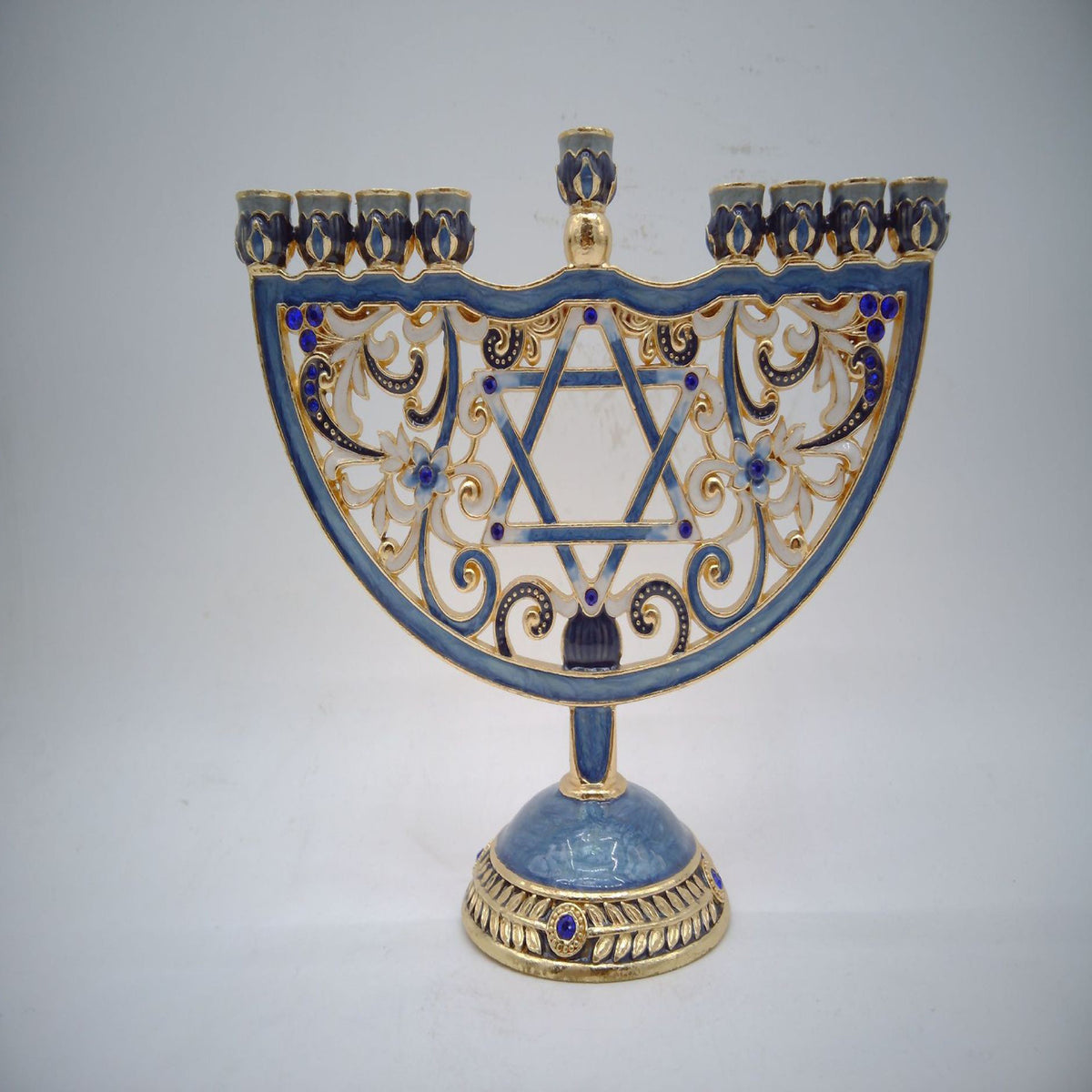Designer Blue Enamel Hanukkah Menorah with Star of David, 16 cm Tall
