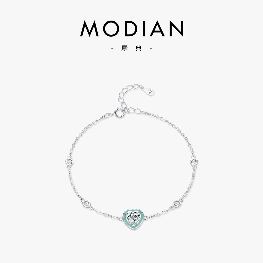 Enamel Heart Bracelet in 925 Sterling Silver, Mint Heart with Crystal Stations