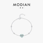 Enamel Heart Bracelet in 925 Sterling Silver, Mint Heart with Crystal Stations