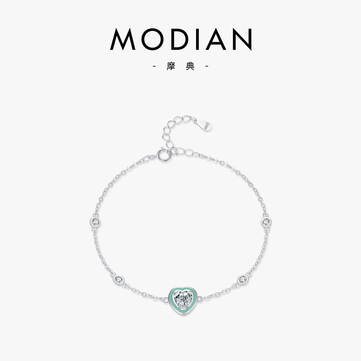 Enamel Heart Bracelet in 925 Sterling Silver, Mint Heart with Crystal Stations