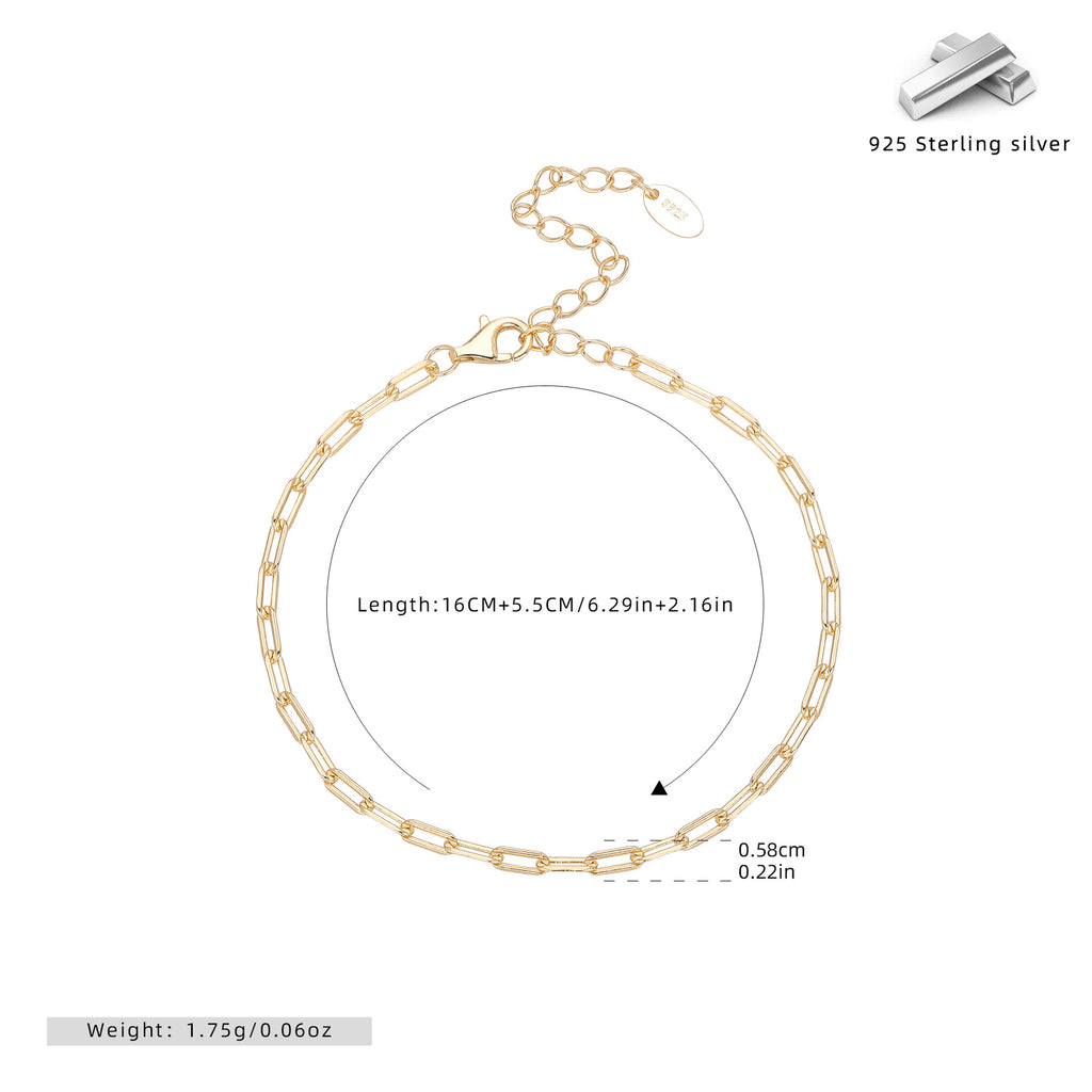 Paperclip Chain Bracelet in 925 Sterling Silver, Adjustable