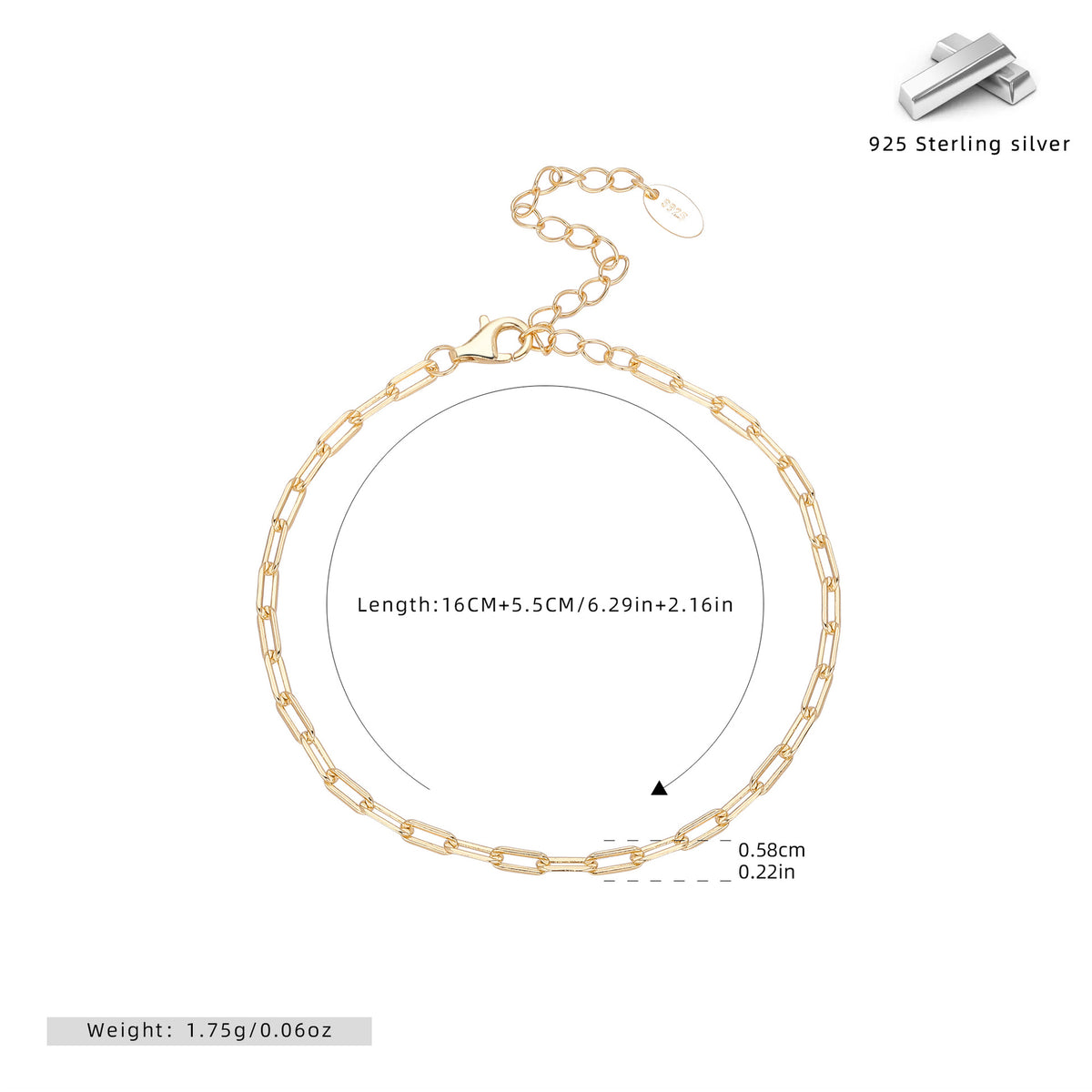 Paperclip Chain Bracelet in 925 Sterling Silver, Adjustable
