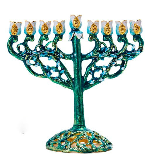 Designer Tree of Life Hanukkah Menorah, Teal Enamel with Orange Blossoms, 15.5 cm Tall