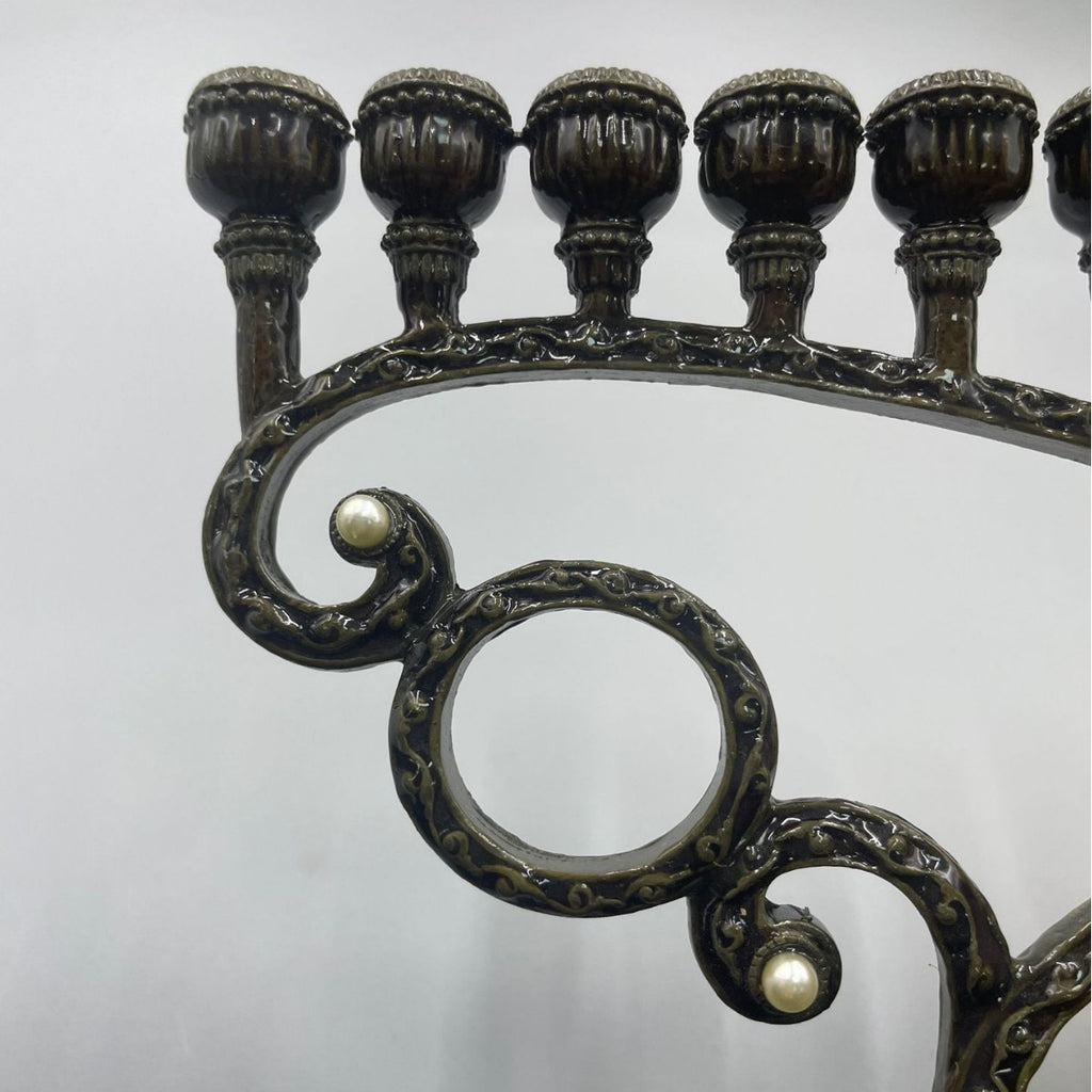 Antique Bronze Hanukkah Menorah, Scroll Design, 17 cm Tall