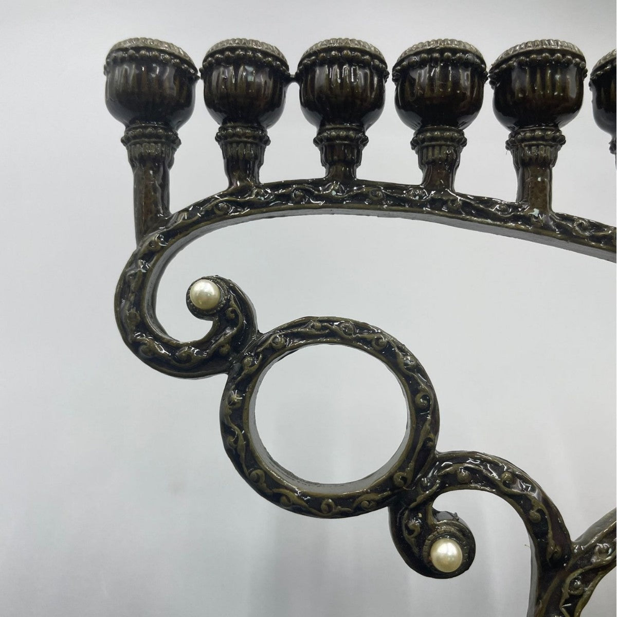 Antique Bronze Hanukkah Menorah, Scroll Design, 17 cm Tall