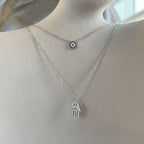 Evil Eye and Hamsa Double Necklace in 925 Sterling Silver, Blue Eye