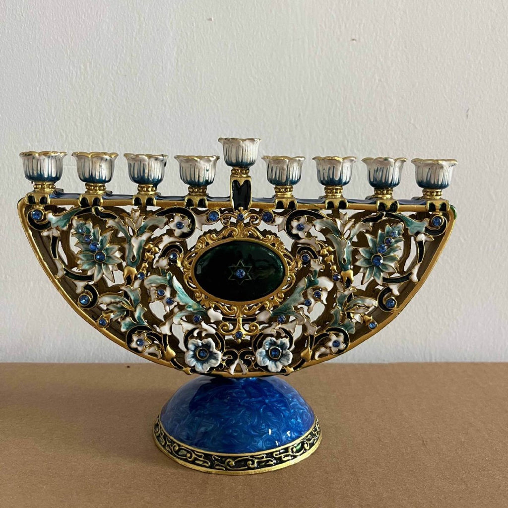 Designer Arch Hanukkah Menorah, Blue Base & Floral Enamel, 19 cm Tall