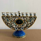Designer Arch Hanukkah Menorah, Blue Base & Floral Enamel, 19 cm Tall