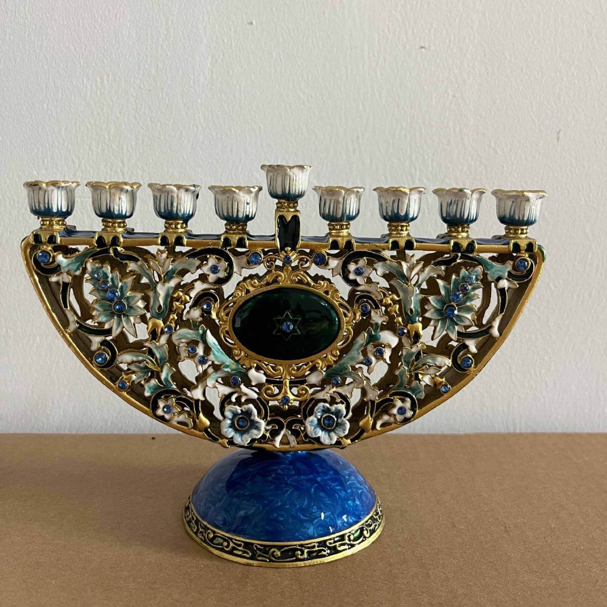 Designer Arch Hanukkah Menorah, Blue Base & Floral Enamel, 19 cm Tall