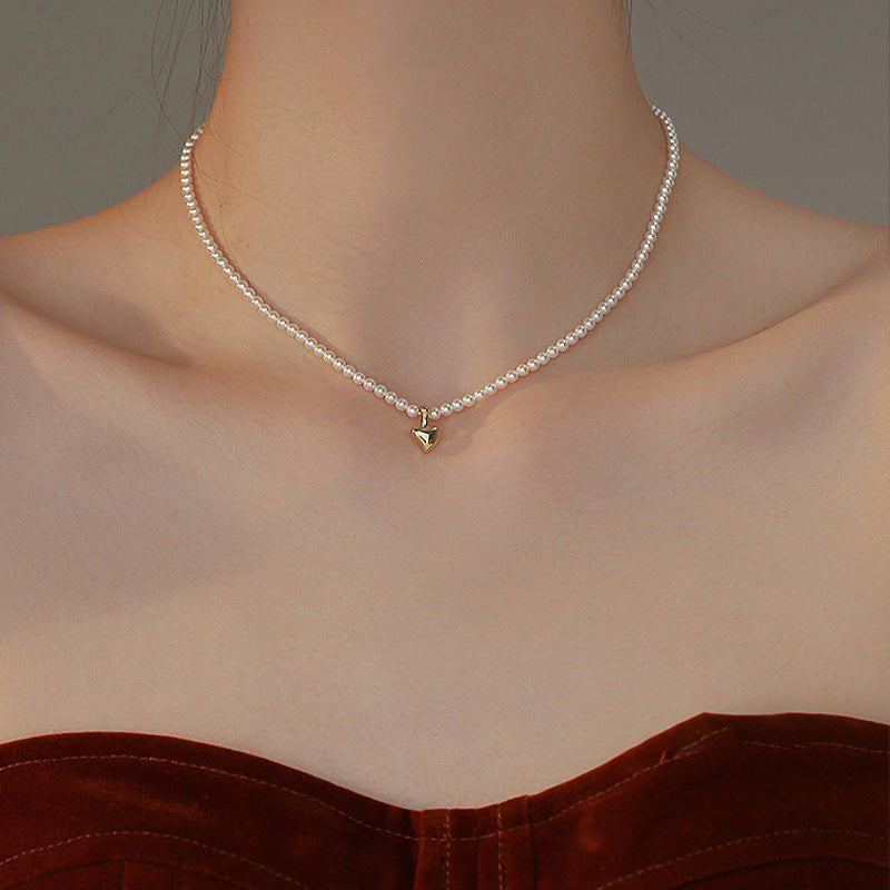 Pearl Heart Necklace, Dainty Shell Pearl Strand with Gold Heart Charm