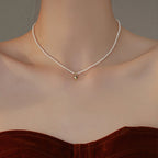 Pearl Heart Necklace, Dainty Shell Pearl Strand with Gold Heart Charm