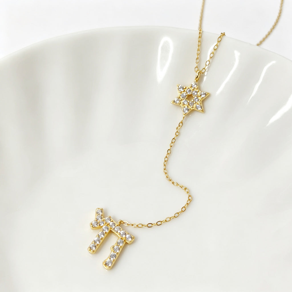 Star of David & Chai Lariat Necklace in Gold Plated 925 Sterling Silver, Cubic Zirconia