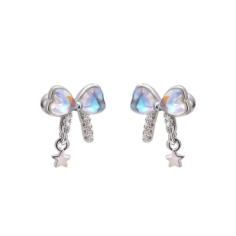 Bow Earrings in 925 Sterling Silver, Pastel Crystal with Star Drop