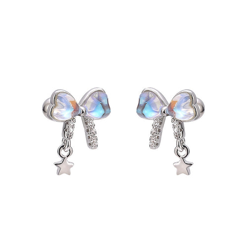 Bow Earrings in 925 Sterling Silver, Pastel Crystal with Star Drop