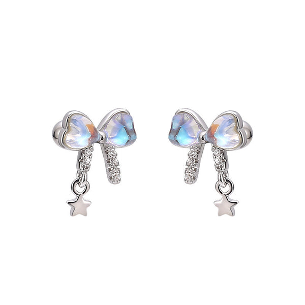 Bow Earrings in 925 Sterling Silver, Pastel Crystal with Star Drop