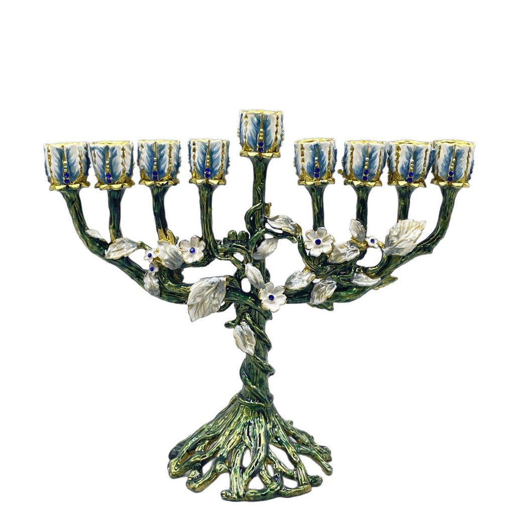 Designer Flowering Tree Hanukkah Menorah, Green Enamel with White Blossoms, 19 cm Tall