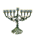Designer Flowering Tree Hanukkah Menorah, Green Enamel with White Blossoms, 19 cm Tall