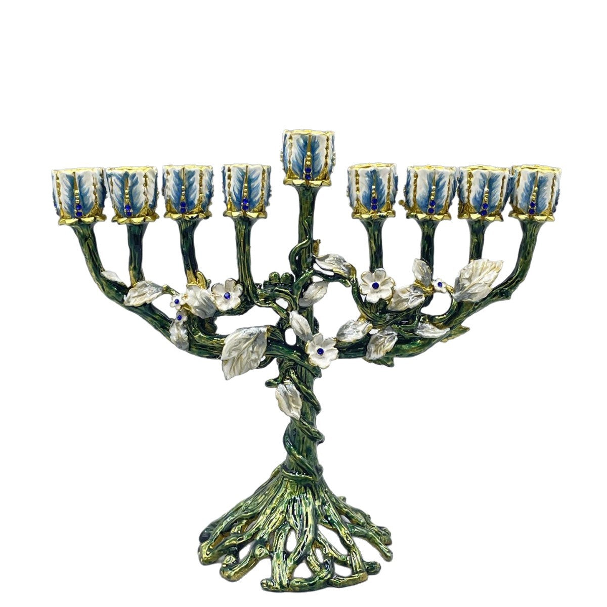 Designer Flowering Tree Hanukkah Menorah, Green Enamel with White Blossoms, 19 cm Tall