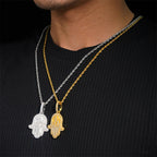 Hamsa Hand Necklace with Pavé Moissanite in Gold Plated 925 Sterling Silver, Evil Eye