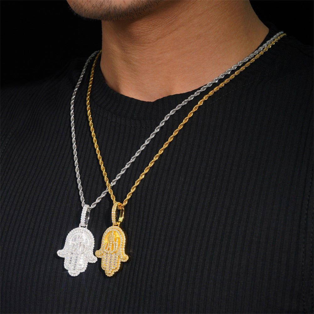 Hamsa Hand Necklace with Pavé Moissanite in Gold Plated 925 Sterling Silver, Evil Eye