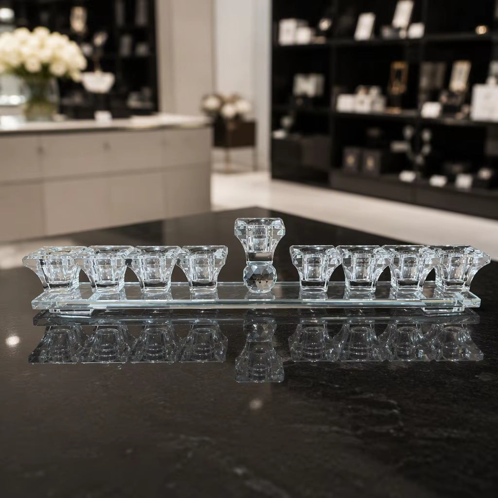 Designer Crystal Glass Hanukkah Menorah, 9 Cups, Clear, Amber or Rainbow