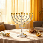 Silver & Gold Star of David Hanukkah Menorah with Wheat, 18 cm Tall