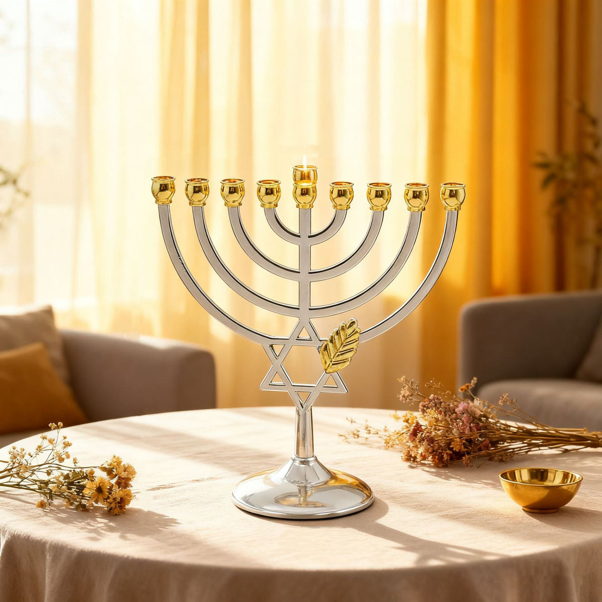 Silver & Gold Star of David Hanukkah Menorah with Wheat, 18 cm Tall