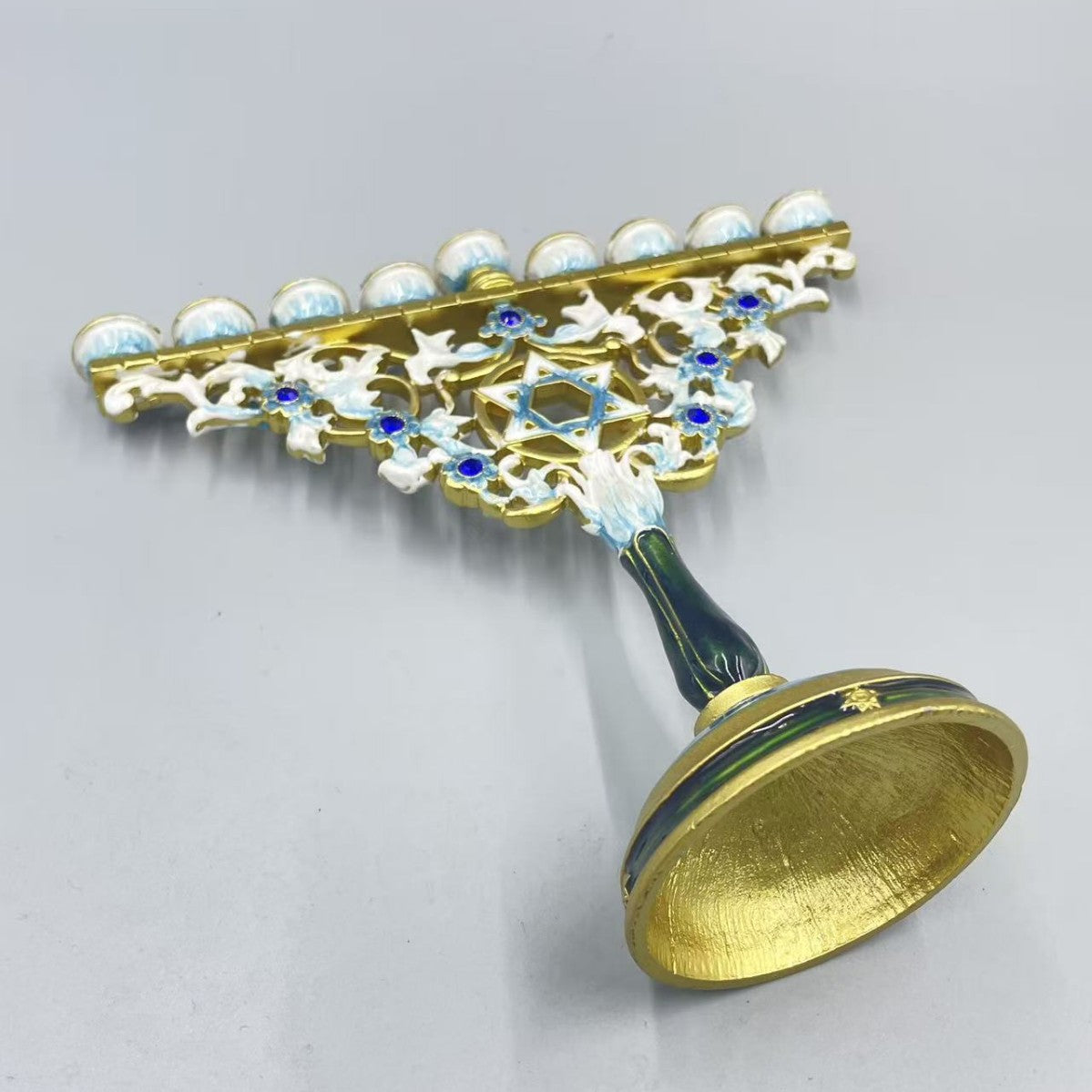 Designer White & Blue Enamel Hanukkah Menorah, Crystal Accents, 18 cm Tall