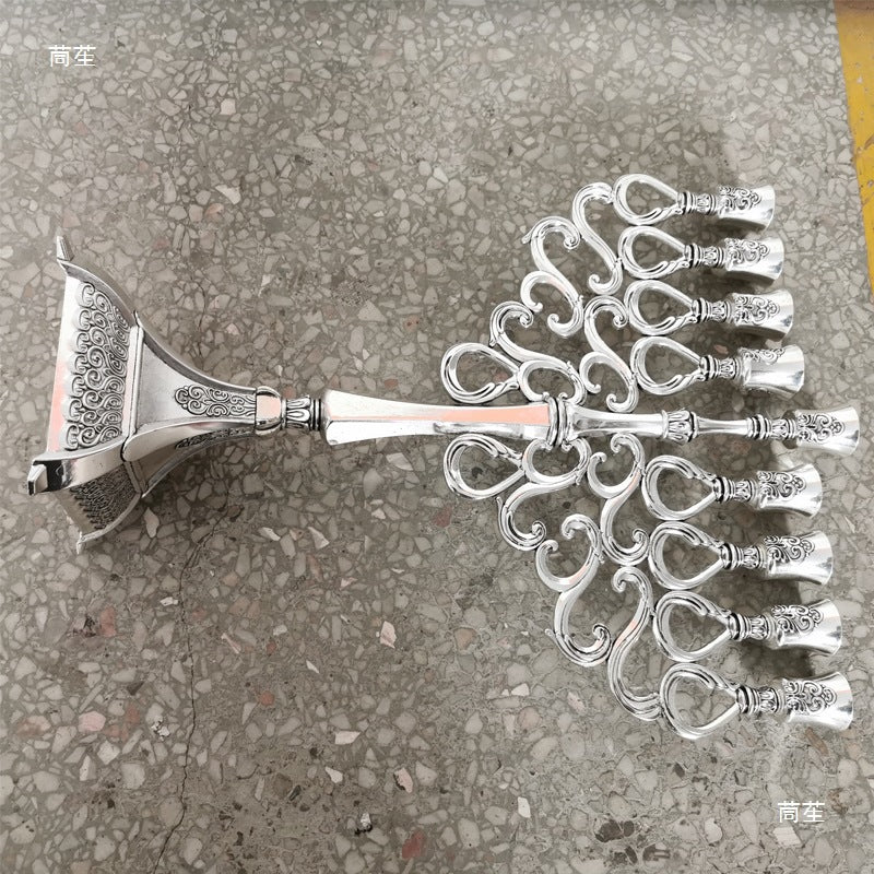 Grand Silver-Tone Hanukkah Menorah, Ornate Cast Design, 40 cm Tall
