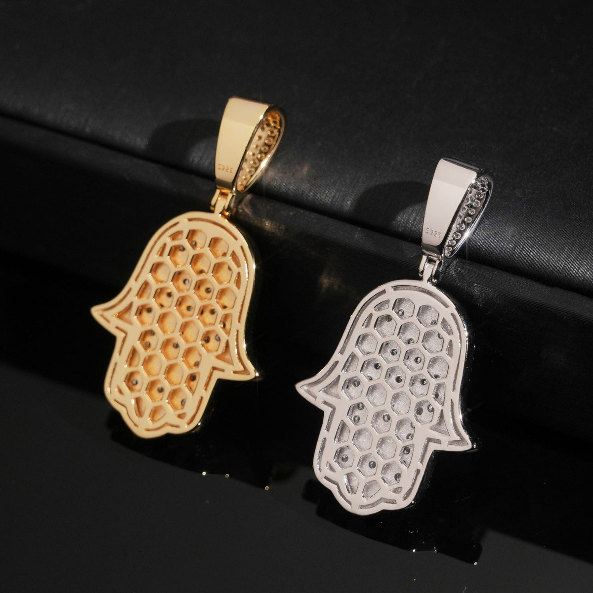 Hamsa Hand Necklace with Pavé Moissanite in Gold Plated 925 Sterling Silver, Evil Eye