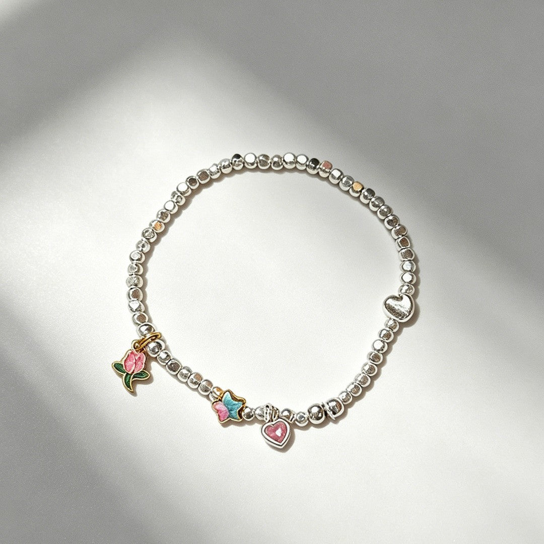 Tulip & Enamel Heart Bracelet in 925 Sterling Silver, Pastel Charms