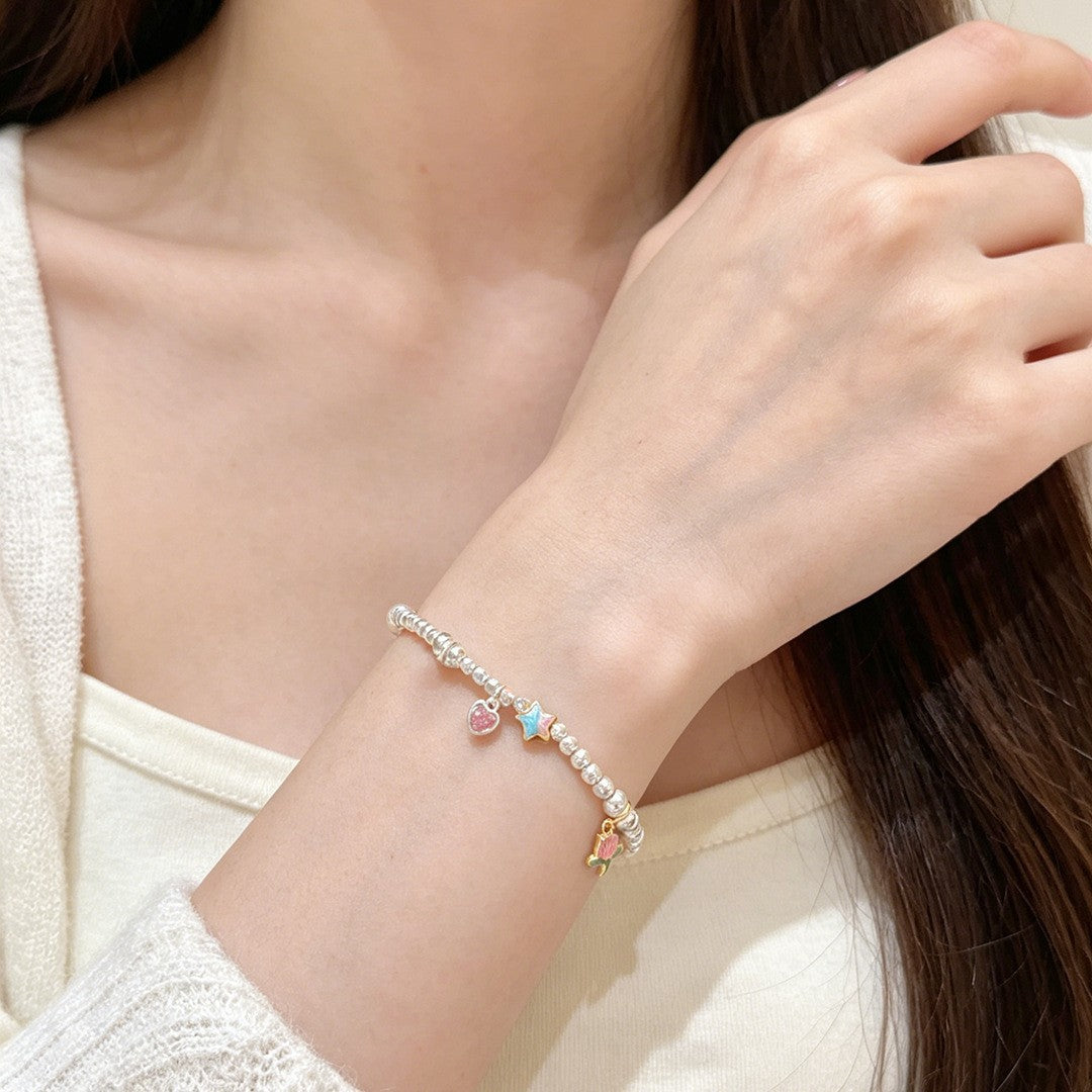 Tulip & Enamel Heart Bracelet in 925 Sterling Silver, Pastel Charms