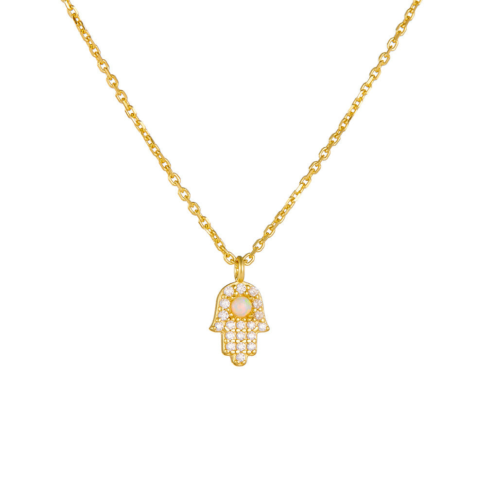 Hamsa Necklace with Opal in 925 Sterling Silver, Mini Pavé Hand