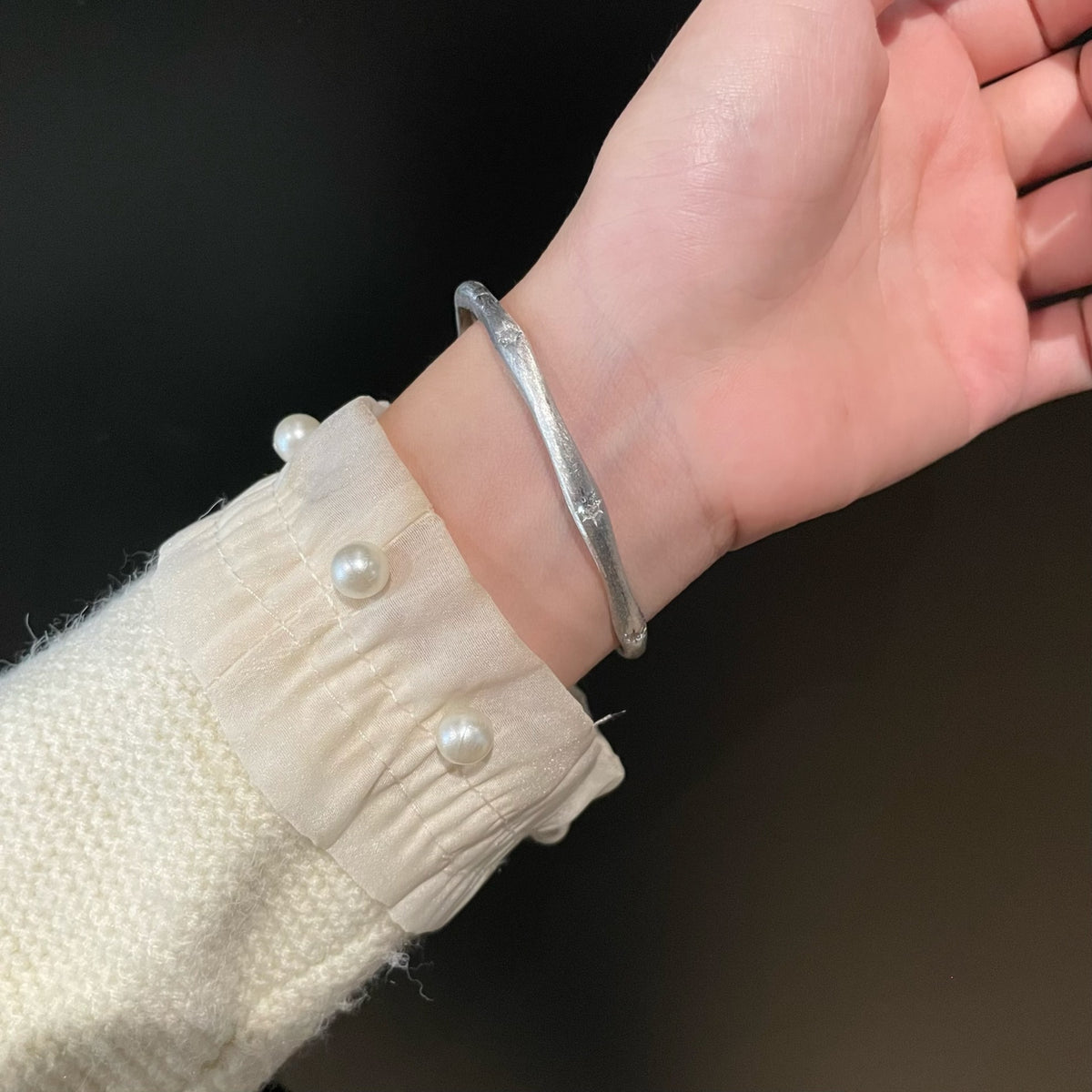 Star Bangle Bracelet in 925 Sterling Silver, Matte Finish Open Cuff