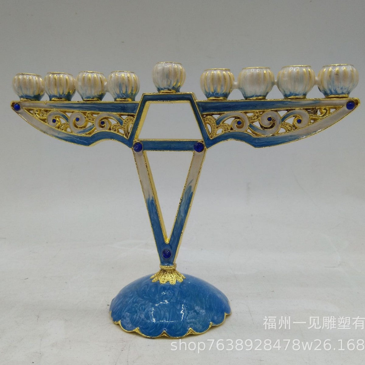 Designer Modern V Hanukkah Menorah, Blue & White Enamel, 16 cm Tall