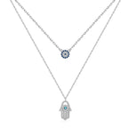 Evil Eye and Hamsa Double Necklace in 925 Sterling Silver, Blue Eye